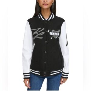 KARL LAGERFELD PARIS Women's Mixed-Media Varsity Jacket Black & White Size M